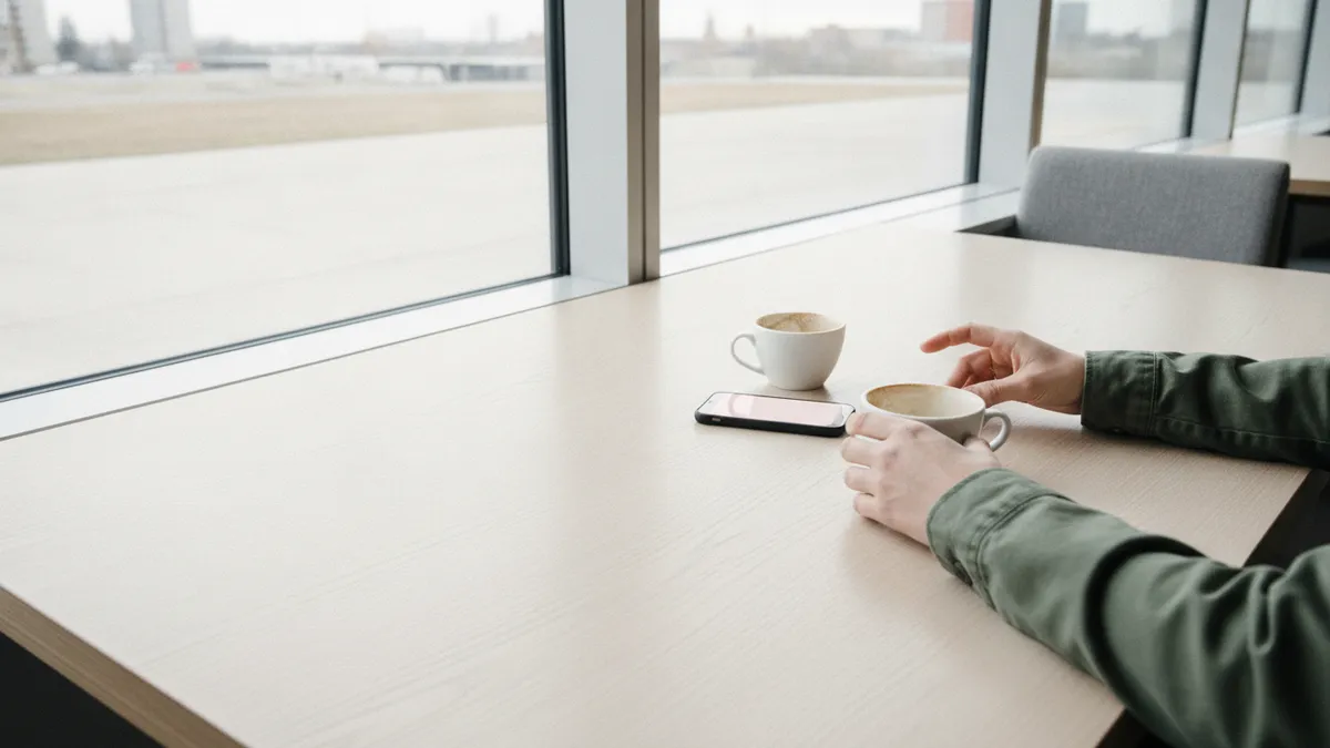 Two half-finished coffees on a bright café table, a phone face-down between them and one person's sleeve at the edge of the frame.